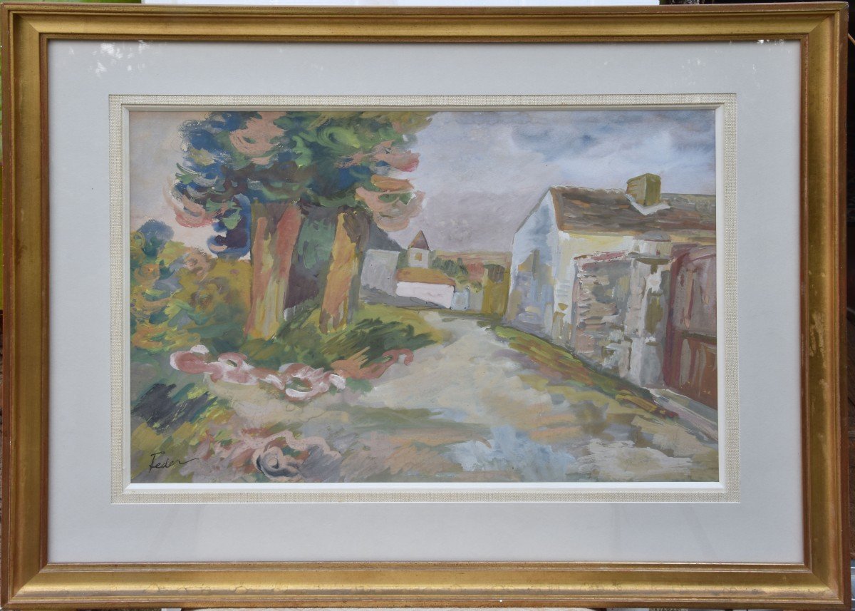 Adolphe FEDER "rue de village" gouache 32x46